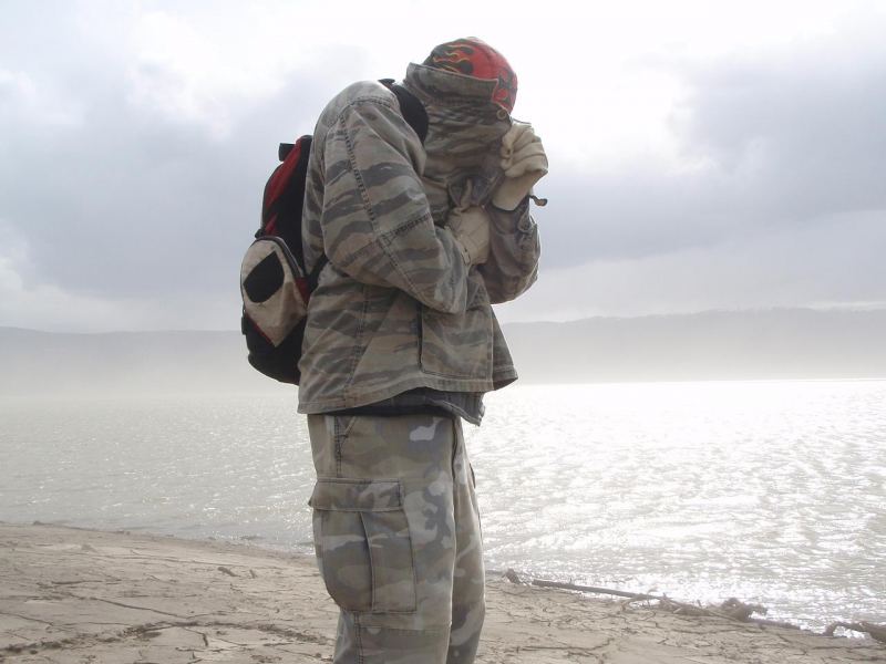 Crew caught by a gust with mask off, trying to smoke!
