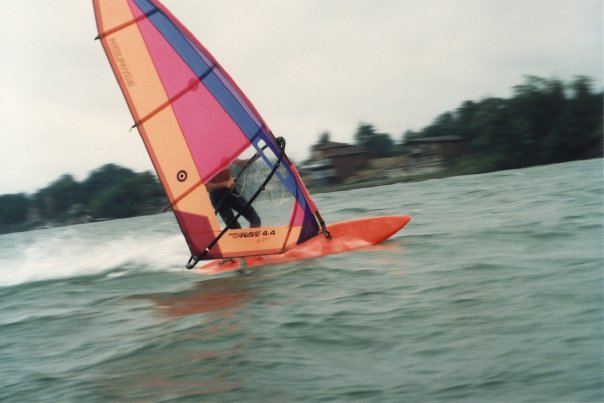 G-Gybe
My favourite picture from my youth.  I built the bright orange board when I was 14.  My dad worked at Dupont so he scored me some Kevlar which seemed like it would be a good thing to make a board out of (its not).  Board came out pretty good considering it was made by a 14 yr old and started me down the road of composites engineering.
