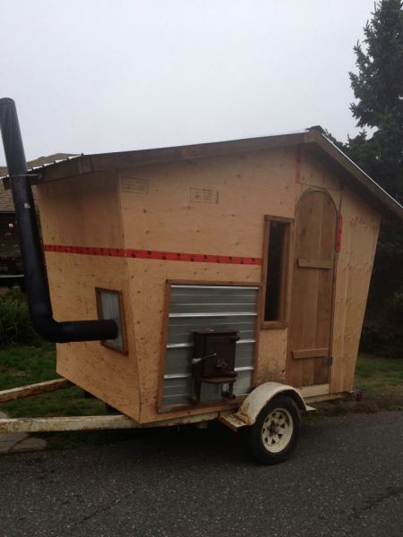 This is my trailer sauna. I went to Nitinat almost every weekend in the early and mid nineties. Perti was the sauna guy back then. It was such a treat to have a sauna after many hours sailing. That is what inspired me to build a sauna. The first one was built at my parents house overlooking Cadboro bay, I was young and poor so it kind of sucked working on such a low budget. Fast forward 20 years and I have a bit more money to play with. It's still a budget build, as it sits in the pics I spent $1300. 
