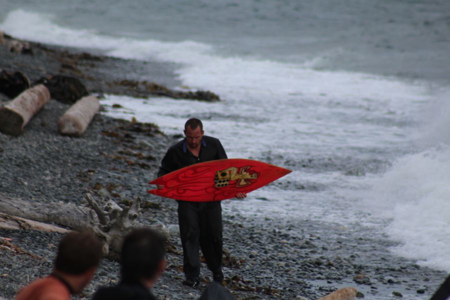 skim boarder at cook st during a lull in the wind - no wetsuit!
